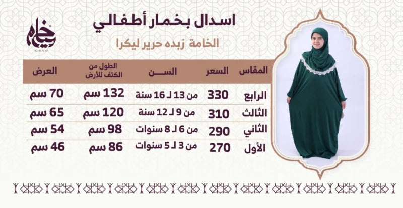 جدول المقاسات